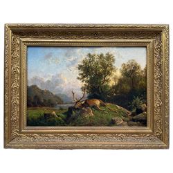 Johannes Bertholomäus Duntze (German 1823-1895): 'Landscape with Stag', oil on panel signed and dated 1877, titled and inscribed verso 25cm x 37cm
