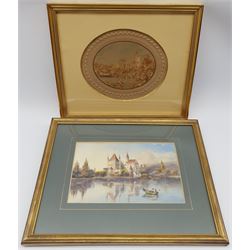 Victorian oval cork picture depicting Windsor Castle within an embossed paper surround, 29cm x 24cm together with an early 20th century watercolour of a Continental castle indistinctly signed 14cm x 22cm (2)