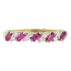 18ct gold baguette cut ruby and round brilliant cut diamond ring, hallmarked
