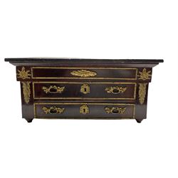 Continental mahogany table top trinket chest with two long drawers and a fitted writing drawer, gilt metal mounts and marble top, L48.5cm, D32cm, H23cm 