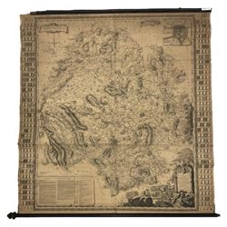 Isaac Taylor (British 1730-1807) and Thomas Kitchin (British 1719-1784): 'New Map of the County of Hereford', very rare 18th century engraved map of Herefordshire on rolled canvas backing, the margins with 288 heraldic shield for subscribers with only 77 filled pub. 1754, 118cm x 113cm
Notes: The first and one of the rarest of Isaac Taylor's large-scale surveys, only 77 subscribers were procured, with subsequent maps not including the heraldic arms due to the unsuccessful result. Possibly less than 100 maps were eventually printed.
