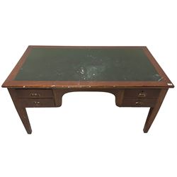 Early 20th century mahogany Ministry of Defence kneehole desk, rectangular top with inset leather writing surface, fitted with four graduating drawers, raised on square tapering supports