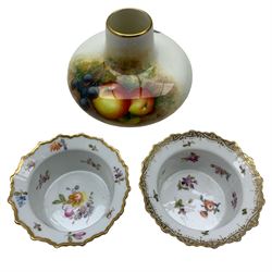 Royal Worcester porcelain squat form vase, hand painted with fruit, signed Roberts, H9cm together with a two Dresden hand painted porcelain dishes, each with moulded rims and reeded bases (3)