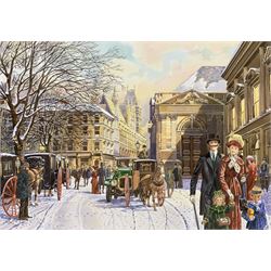 Derek Braithwaite (British 20th century): 'Balmoral Hotel Scott Monument Edinburgh Princess Street' and two other snowy scenes, set three watercolours, two signed max 26cm x 37cm (3) (unframed)