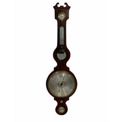 A Victorian mahogany five dial mercury wheel barometer with satinwood stringing to the edge, 10 inch circular silvered register and cast brass bezel, barometric pressure calibrated in 100th of an inch from 28 to 31 inches, engraved with weather predictions in Roman upper and lower case and Gothic script with oak leaf engraving to the center, blue steel indicating hand and matching recording hand in brass with recording hand adjustment disc, ”butlers” mirror and arched Fahrenheit mercury thermometer and brass thermometer bolt, swan neck pediment with hygrometer, the rounded base and spirit level signed “G BIANCHI WARRANTED”.
Height 108 cm
