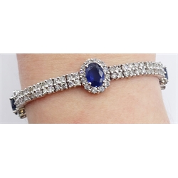 18ct white gold oval sapphire and round brilliant cut diamond link bracelet, hallmarked, total sapphire weight 5.00 carat, total diamond weight 5.00 carat
