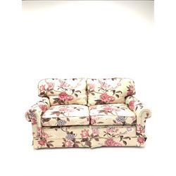 Wesley-Barrell two seat sofa upholstered in floral fabric with feather cushions, raised on castors W175cm, Hight to seat 53cm