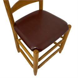 Treske Furniture - set of eight (6+2) elm 'Shaker' design dining chairs, shaped ladder back over leather upholstered seat, on turned supports united by stretchers