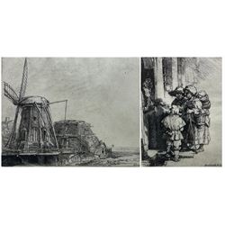 After Rembrandt van Rijn (Dutch 1606-1669): 'Beggars Receiving Alms' and 'The Windmill', two reproduction etchings max 15cm x 21cm (2)