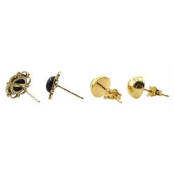 Pair of 18ct gold round stud earrings and a pair of 9ct gold jet stud earrings, hallmarked or stamped