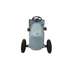 1930s blue painted pedal car or commercial lorry, with steel body and chassis, metal steering wheel and grill, wooden side lights and red painted disc wheels, L119cm, W48cm, H52cm