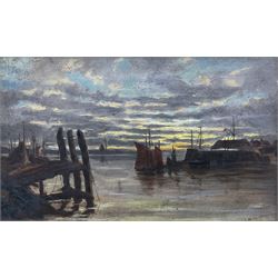 George M Curtice RBA (British 1857-?): Ships off Rye at Sunset, oil on canvas signed and dated 1881, indistinctly inscribed verso 14cm x 23cm 
