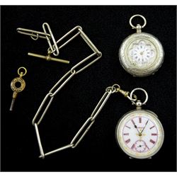 Two early 20th century silver cylinder ladies pocket watches, decorated white enamel dials with Roman numerals and a silver rectangular link watch chain, each link hallmarked