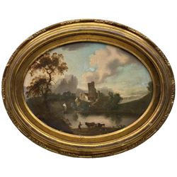 English School (19th century): Figure and Cattle by Lakeside Ruins, oval oil on tin unsigned 21cm x 29cm