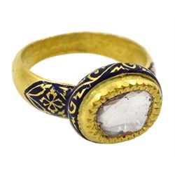 Late 19th/early 20th century gold Indian table cut diamond ring, with blue enamel decoration to the shank, bezel and under bezel
