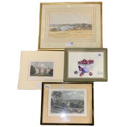 English School (19th century): 'Hamble River', watercolour signed and dated '94 together with two 19th century engravings of Mulgrave Castle and Windsor Castle and a small watercolour (4)