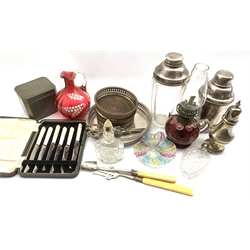 Venetian latticino glass dish, 19th Century ruby glass oil lamp, pewter caddy, moulded glass scent bottle, Art Deco glass and silver plated cocktail shaker and other silver plate and glassware