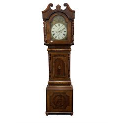 Mid 19th century walnut, rosewood and marquetry eight day longcase clock, the painted white enamel dial with subsidiary seconds ring, Roman chapter ring, inscribed 'S Moses, B. Auckland' striking hammer on bell H230cm