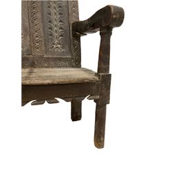 17th century Jacobean oak armchair, the cresting rail carved with lunettes, the panelled back with acanthus incised decoration, the stiles carved with repeating guilloche pattern, shaped arms terminating in C-scrolls, carved apron raised on ring turned supports