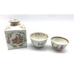 Early 20th century Continental porcelain tea caddy of square section, hand-painted and gilded with courting scenes and floral bouquets, H13cm together with an 18th century Chinese Export tea bowl and another tea bowl (3)