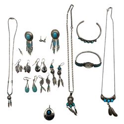 Various silver jewellery, including a sterling silver bangle set with six turquoise stones, white metal drop earrings and pendant, sterling silver quartz wristwatch, necklaces and other similar jewellery 