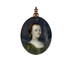 19th century oval miniature head and shoulders portrait of a lady in gilt metal frame 7cm x 5.5cm