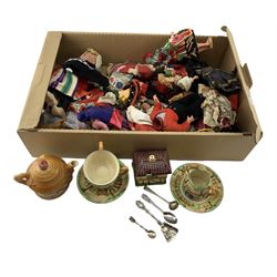 Japanese Marut Tomo cottage style part tea set, silver mustard spoon and a collection of dressed dolls etc