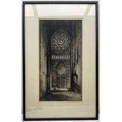 Andrew Fairbairn Affleck (Scottish 1874-1935): 'Rose Window - Rheims', etching signed in pencil 57cm x 30cm; Ferdinand Giele (Belgian 1867-1929): 'Oxford Bliss Court', pair etching signed titled and numbered 75/75 in pencil 36cm x 10cm (3)