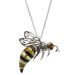Silver Baltic amber bee pendant necklace, stamped 925
