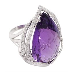 18ct white gold amethyst and diamond suite, comprising necklace, pair of pendant stud earrings and bracelet and ring, each with pear cut amethysts and round brilliant cut diamonds, stamped 750 