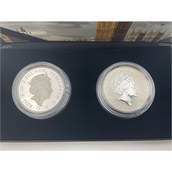 The Royal Mint United Kingdom 2017 'Chimes of History' reverse frosted one ounce silver proof two coin set, cased with certificate