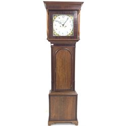 Early 19th century oak and mahogany longcase clock, the case with reeded pilasters, raised on ogee bracket supports, with enamel dial with Arabic chapter ring, inscribed Theo Clark, Kirkby Lonsdale' 30 hour movement striking the hours hammer on bell H203cm