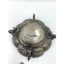 Silver circular bowl of lobed design D10cm London 1909 Maker Goldsmiths and Silversmiths Co., silver tea strainer with flattened handle and another with turned handle, 5.6oz weighable silver (3)