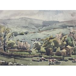 Angus Bernard Rands (British 1922-1985): Cows Grazing - Nidderdale, watercolour signed, labelled verso 28cm x 38cm