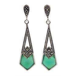 Pair of silver green agate and marcasite pendant earrings, stamped 925 