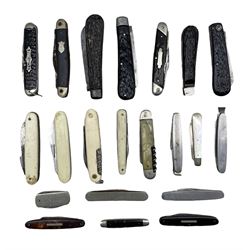 Two Taylors Eye Witness folding knives, folding 'Camp Knife', another by George Wolsteneholm, mother-of-pearl and silver fruit knife, Guinness advertising knife etc 
