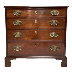 George III mahogany chest, moulded rectangular top over four graduating drawers, pressed oval plate handles decorated with lion masks, on bracket feet