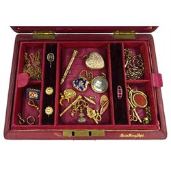 Victorian and later jewellery including gilt fobs, purse pendant, heart pendant, necklaces and propelling pencils, 9ct gold links, stone set ring and necklaces, 10ct gold necklace, 7ct gold necklace, 9ct gold manual wind wristwatch, on 9ct expanding link bracelet and other jewellery in velvet and silk lined box