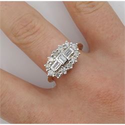 18ct gold baguette and round brilliant cut diamond cluster ring, hallmarked, total diamond weight 0.75 carat