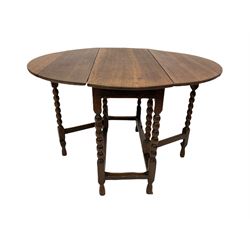 18th century and later oak gateleg table, the oval drop leaf top raised on bobbin turned and block supports united by stretcher 