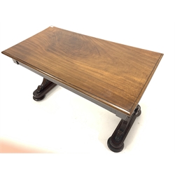 Victorian mahogany stretcher table, fitted with two frieze drawers, raised on peirced panel end supports on platform base with compressed bun supports and recessed castors, w122cm x 63cm, H73cm