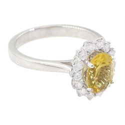 18ct white gold oval cut citrine and round brilliant cut diamond cluster ring, hallmarked
