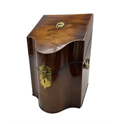 George III mahogany knife box of serpentine outline with chequer banded border, brass handles and key plate, interior removed H35cm