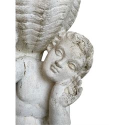 Pair of mid-20th century cast stone garden planters, shaped shell basket planter held aloft by putto riding dolphin, circular foliage moulded footed base raised on circular plinth, white painted finish, base inscribed 'Riproduzione Vietata Papini'