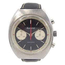 Accurist Shockmaster gentleman's stainless steel manual wind chronograph wristwatch, black enamel dial, with two silver registers recording minutes and continuous seconds, on black leather strap