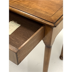Quality Georgian style cherry wood side table, with crossbanded top with string inlay over single drawer, raised on turned supports with pad feet, W76cm, H70cm, D48cm