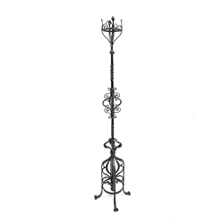  Arts and Crafts wrought iron oil lamp/candle stand, with decorative scroll work, H186cm  