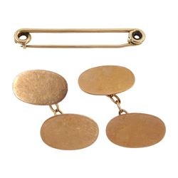 Pair of 9ct rose gold oval cufflinks, Birmingham 1919 and a gold bar brooch, stamped 9ct, approx 7.8gm