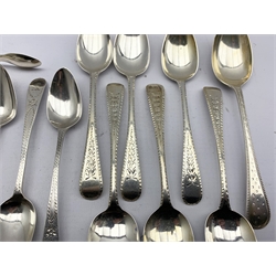 Set of six George III silver tea spoons with engraved stems London 1804, five tea spoons London 1794 Maker George Gray four various silver tea spoons and a pair of sugar tongs 9.6oz