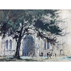Robert Leslie Howey (British 1900-1981): View of Salisbury Cathedral, mixed media signed 12cm x 16cm